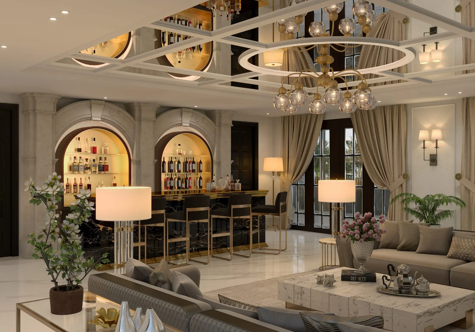 Bar lounge rendered as photography, with an arched back-bar and warm reflected light