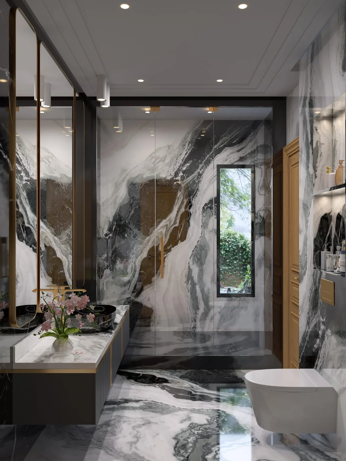 Principal bathroom clad in dramatic book-matched marble