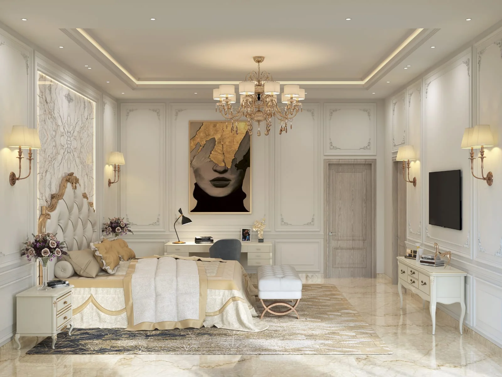 Principal bedroom with a tufted headboard and panelled walls