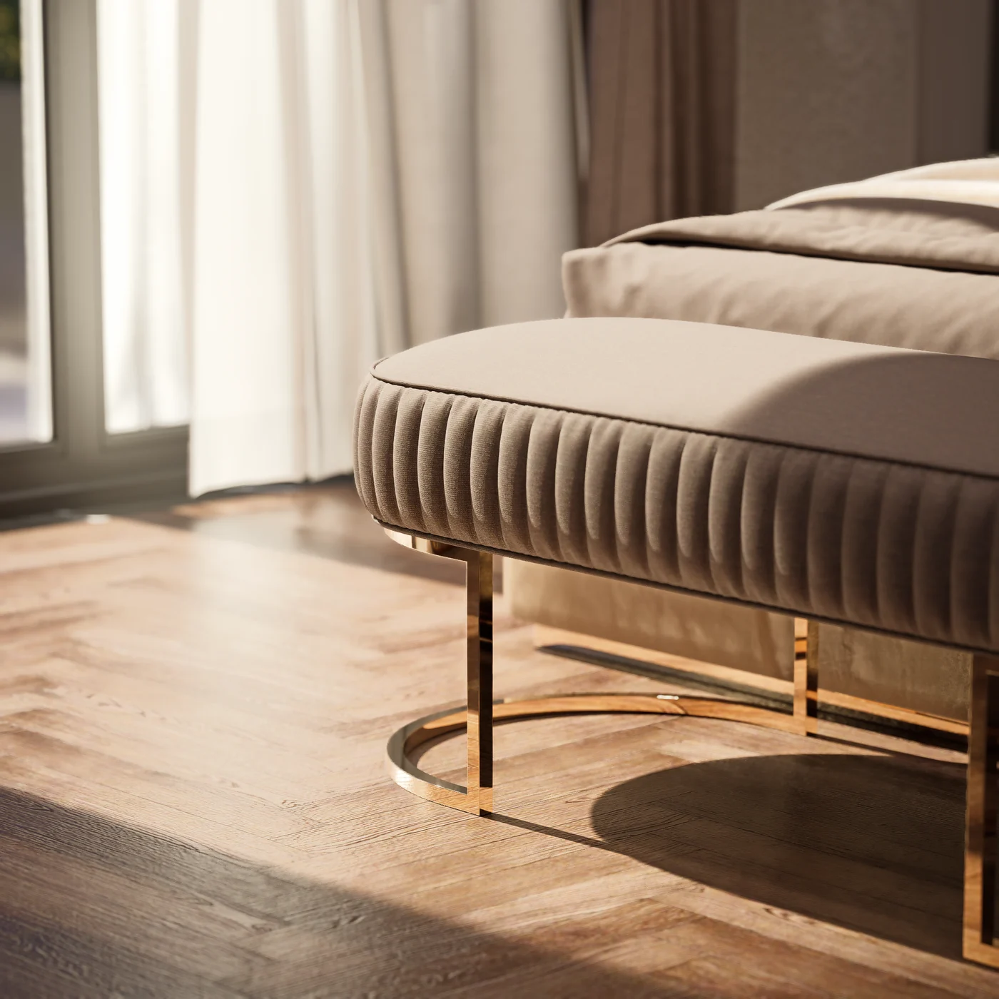 Upholstered bench on a timber floor, lit by window light