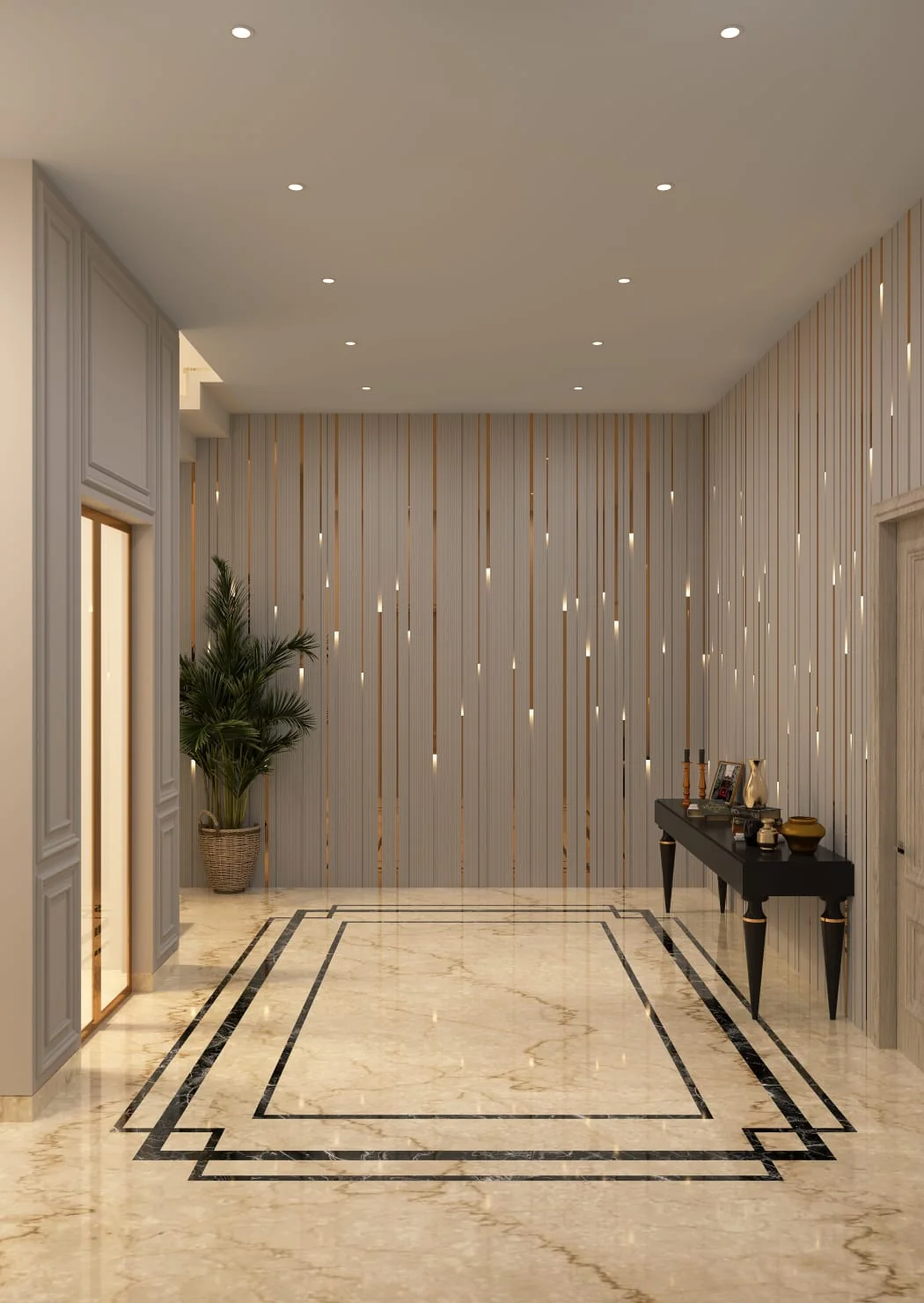 Fluted timber corridor with an inlaid marble floor