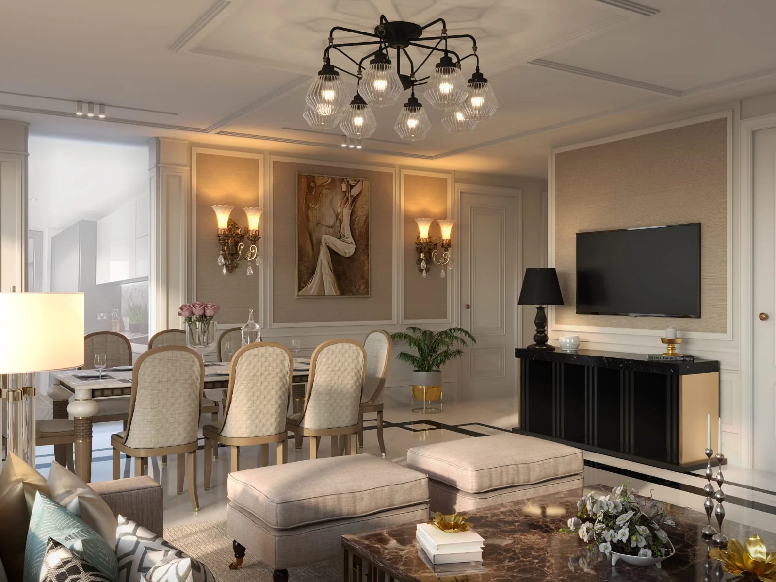 Open dining and living space with wall sconces and a marble console