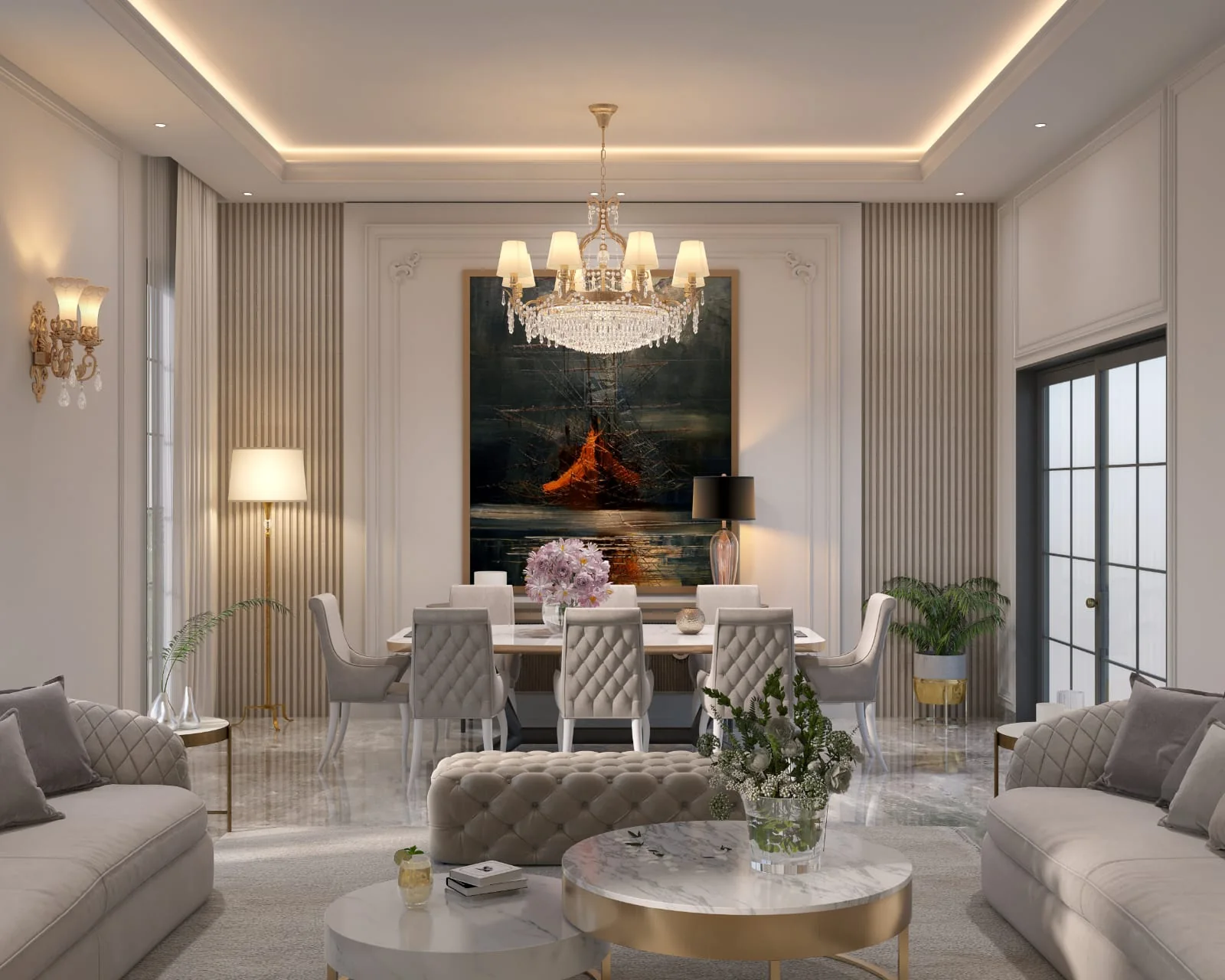 Formal dining room with a crystal chandelier and framed artwork