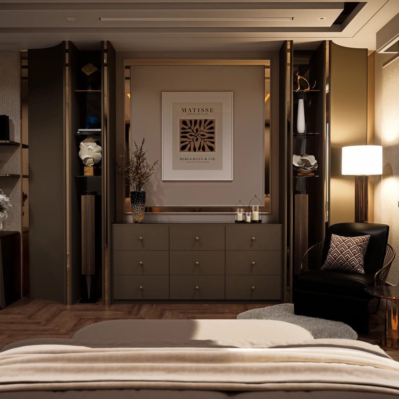 Contemporary dressing room in bronze and pale timber