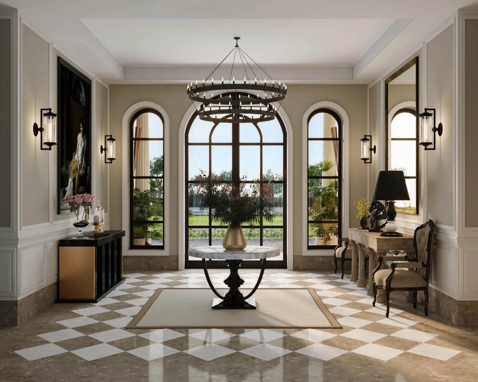 Double-height entrance hall with chequerboard marble and arched windows