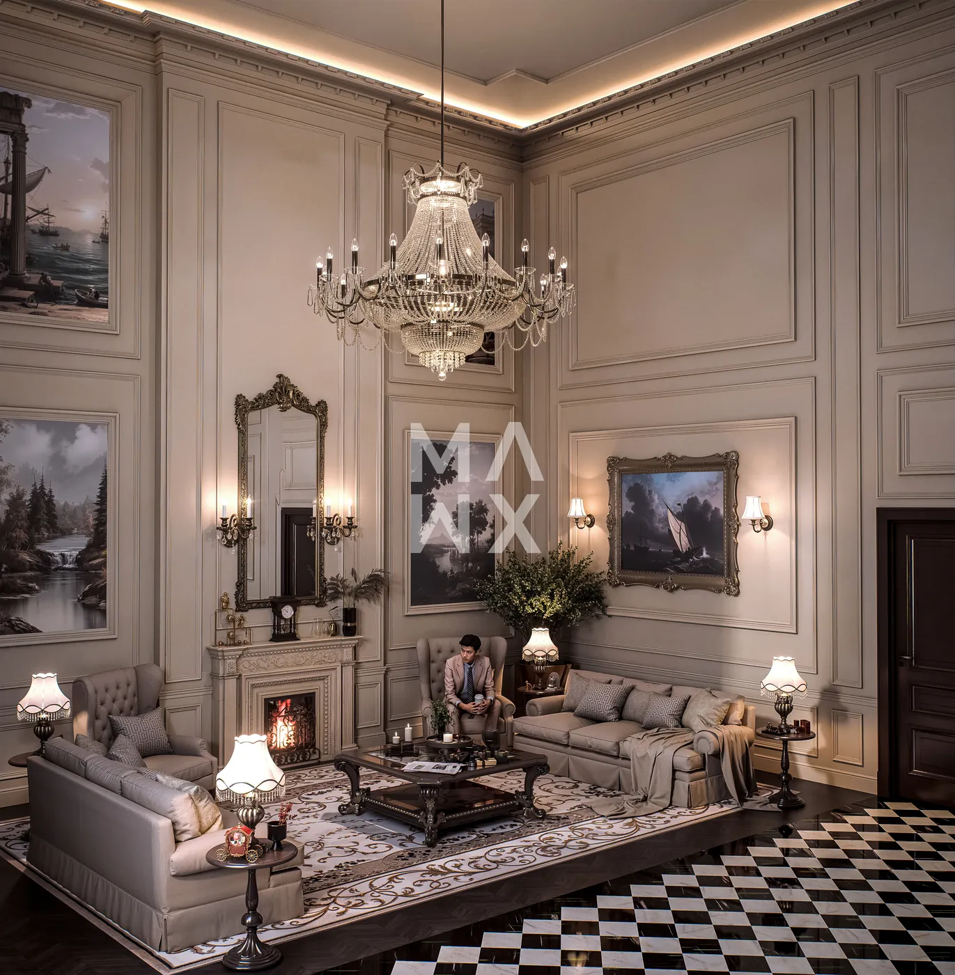 Double-height salon with a chandelier, fireplace and landscape paintings
