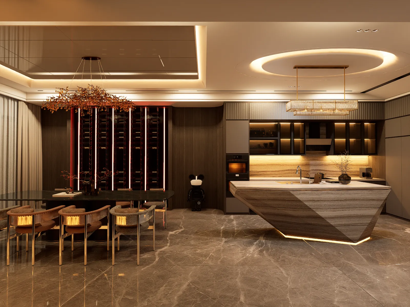 Contemporary kitchen and bar in dark timber and figured marble
