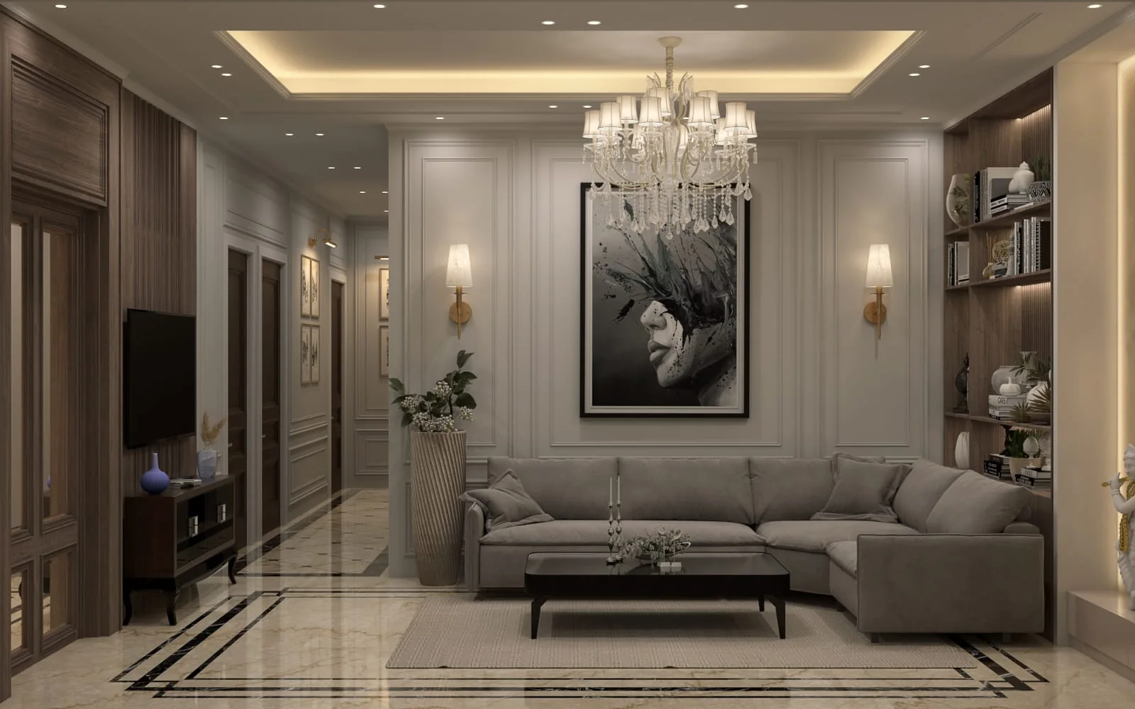 Classical living room with sectional seating, panelled walls and a crystal chandelier