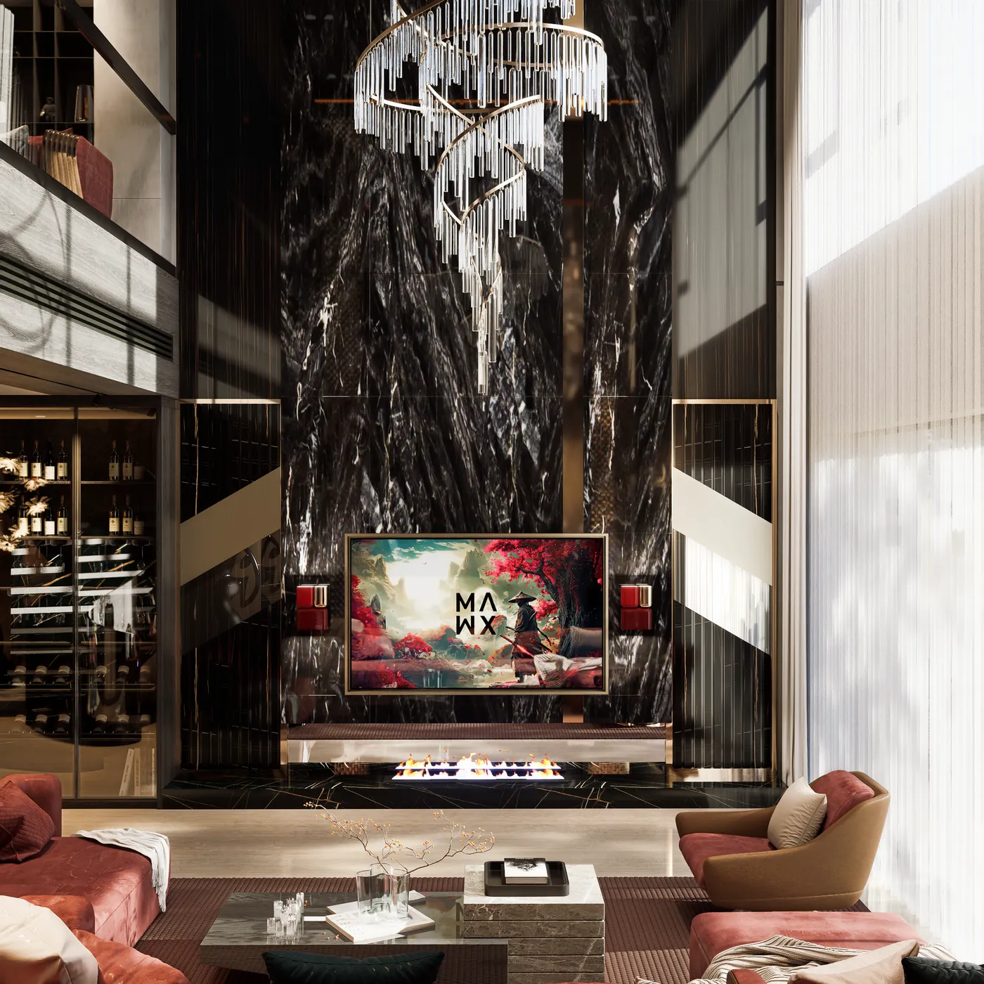 Dark lounge with a figured marble media wall