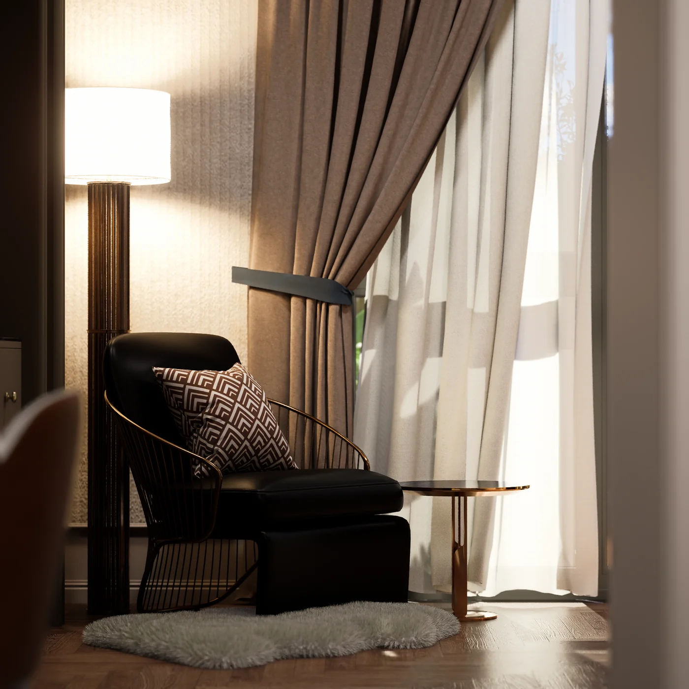 Armchair beside a curtained window in soft daylight