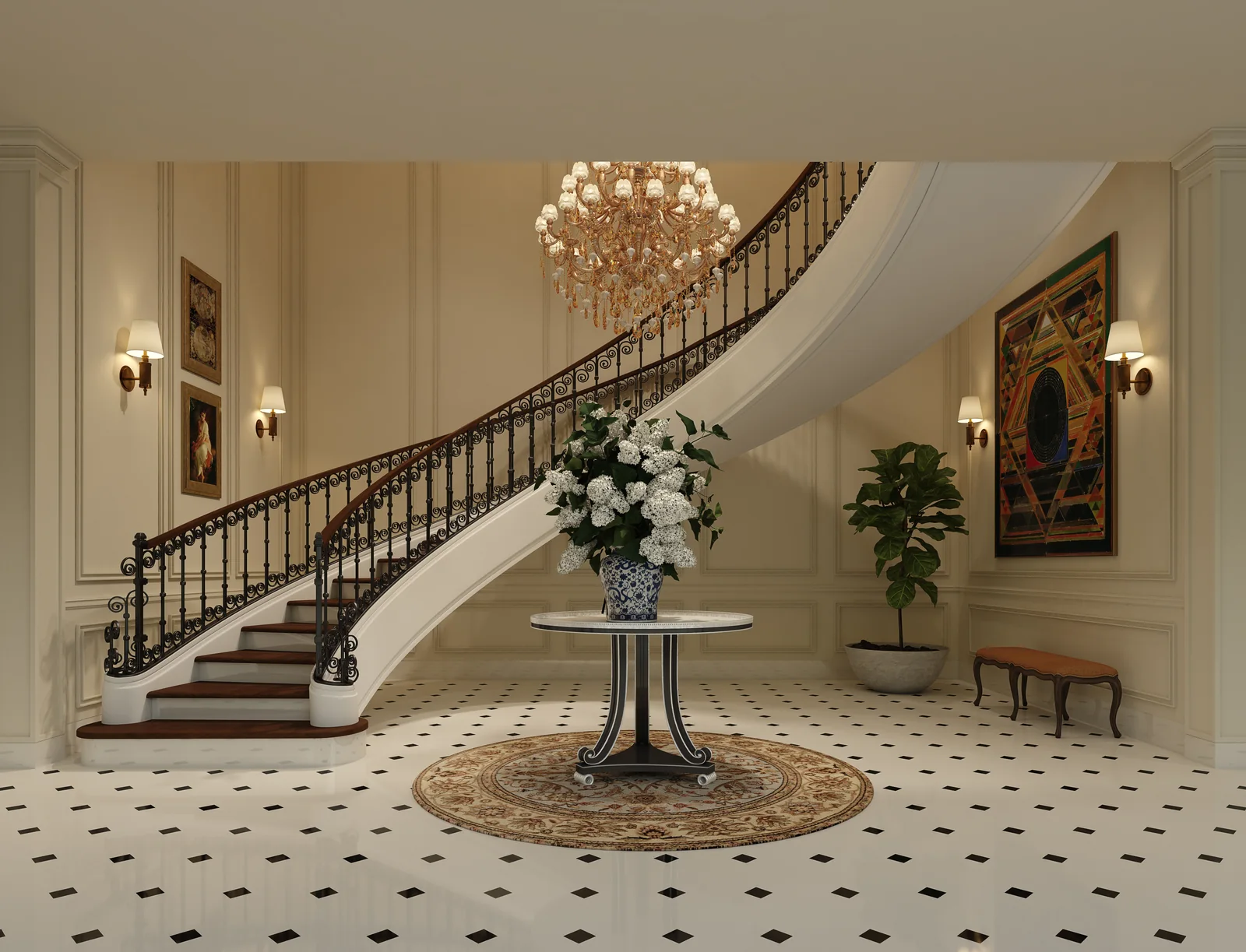 Curved classical staircase in a double-height entrance hall