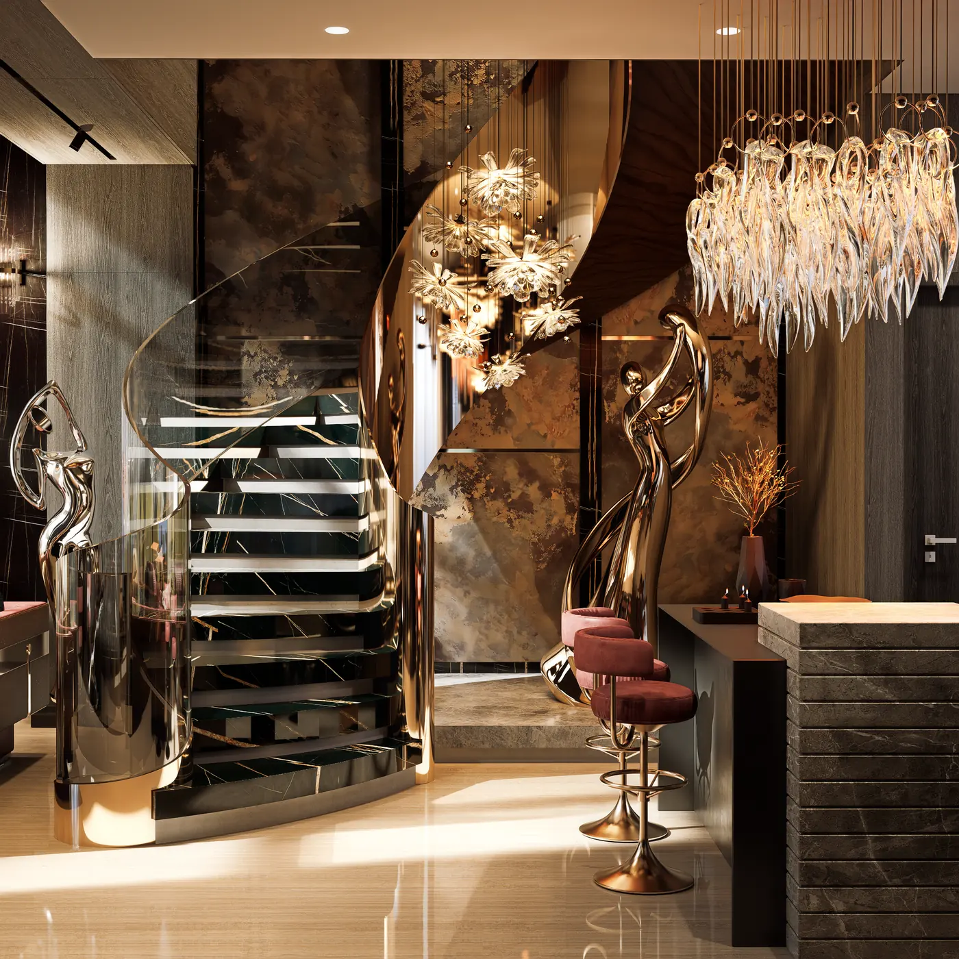 Sculptural staircase beneath a cascading crystal chandelier